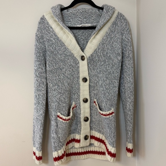 Bluenotes Sweaters - Bluenotes Cabin Sock Monkey Style Button Up Cardigan Sweater Grey & Red Stripes